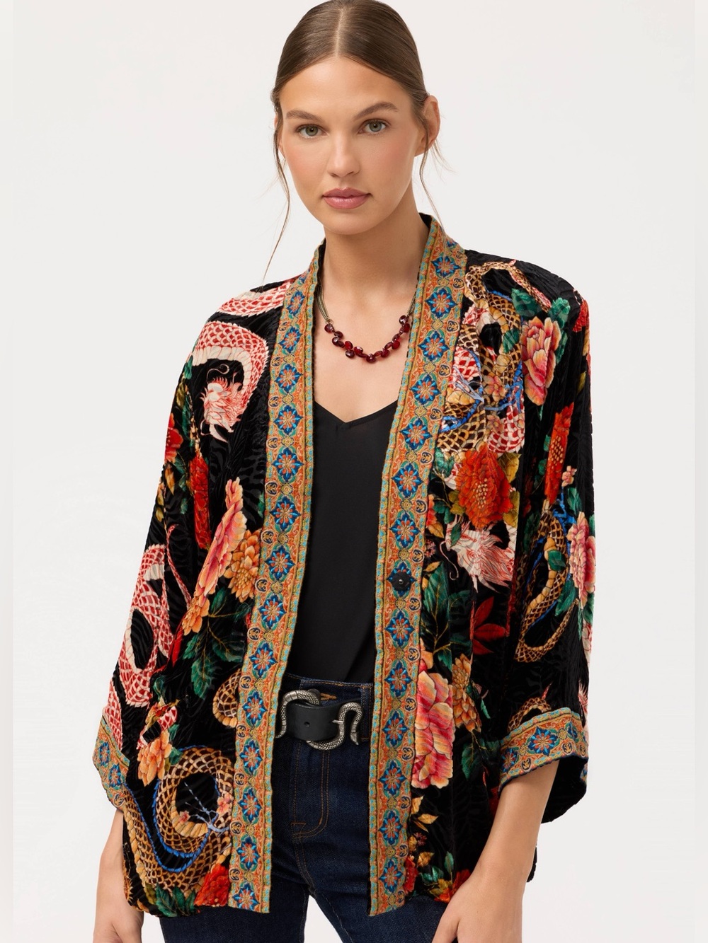 Johnny Was size XS Merhawi Kimono Black Velvet Dragon Kimono Jacket Embroidery